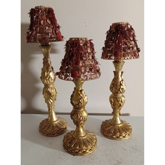 Vintage Gold Toned Candle Holder With Ruby Red Shell Lampshades Set of 3